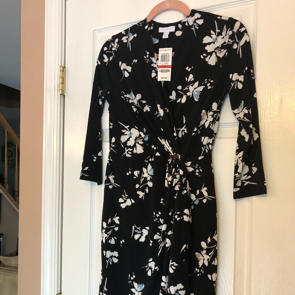 NWT Charter Club Black/White/Blue Shirred Dress,XS